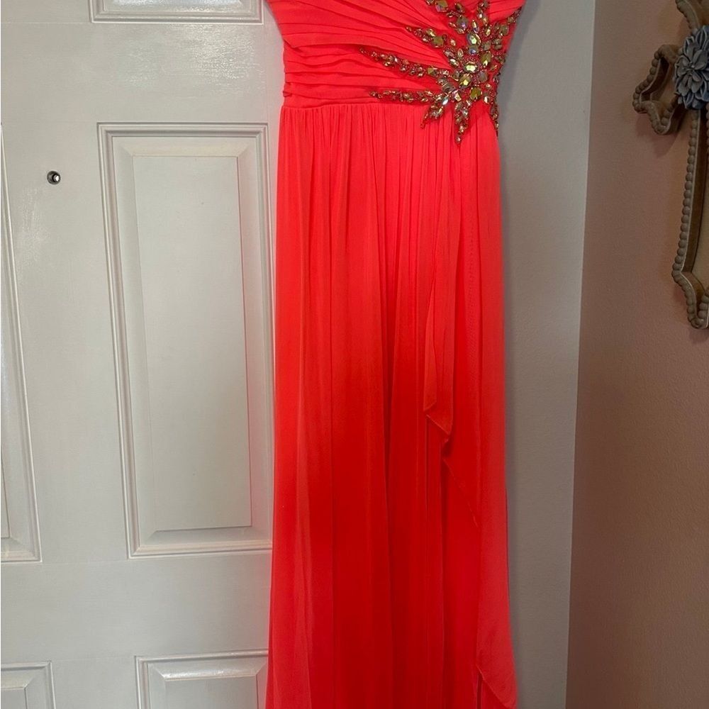 Elegant Coral Evening Gown with Embellishments